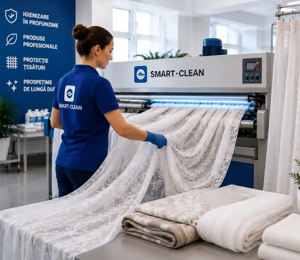 Perdele și draperii curățate profesional cu echipamente moderne &icirc;n spălătoria Smart Clean.
