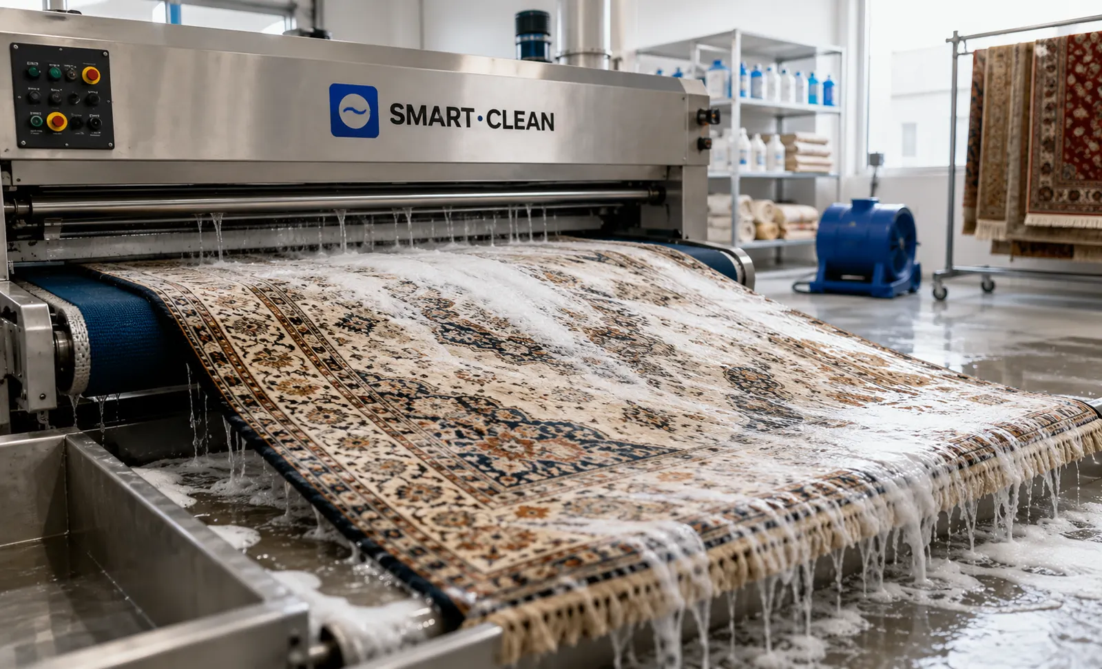 Mașină profesională de spălat covoare Smart Clean, covor persan pe linia de spălare